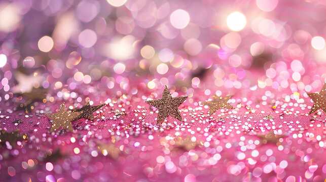 abstract pink background, pink glitter, shiny background with blurred bokeh, golden stars