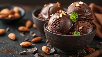 chocolate ice cream with topping almond, text copy space