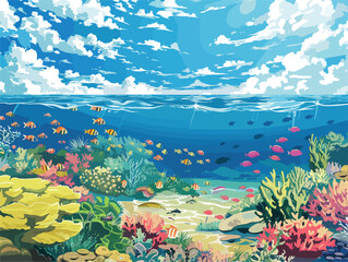 A picturesque painting of a coral reef under the sea