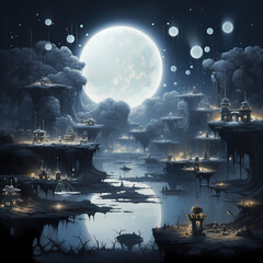 A surreal moonlit landscape with floating islands.