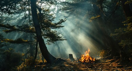 the mystery of a bonfire in a misty cedar forest, where the soft light and smoky tendrils create an ethereal atmosphere reminiscent of a fairy tale - obrazy, fototapety, plakaty