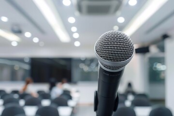 Motivational speaker with microphone speaking at office or seminar talk.