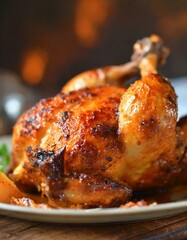 A succulent roast chicken, golden brown and crispy on the outside, tender and juicy on the inside