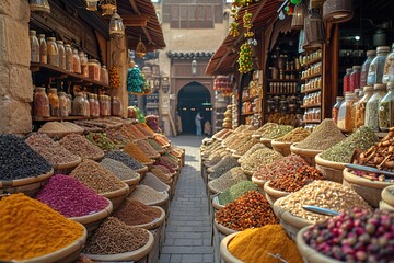 A bustling spice souk in Dubai, with stalls filled with exotic spices and incense - obrazy, fototapety, plakaty