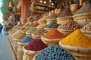 A bustling spice souk in Dubai, with stalls filled with exotic spices and incense - obrazy, fototapety, plakaty