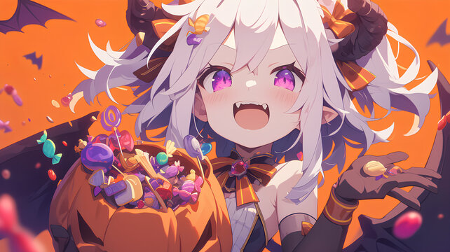 anime Little girl wearing adorable Halloween costume, throwing candy