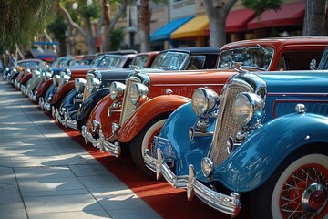 A bustling vintage car show, with classic automobiles from various eras on display