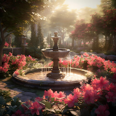 A tranquil garden with a fountain and blooming flowers