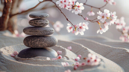 Spring's serene minimalism Japanese Zen garden, with white sand, smooth stones, and sakura, embodying mindfulness in the morning