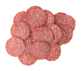 heap of pieces sliced salami sausage laid out to create layout, salami sausage slices isolated