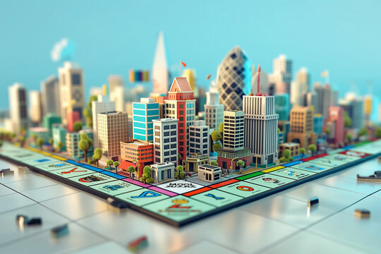 Monopoly board in 3d environnement light background cartoon style, megapolis, frontal view, tilt-shift effect, high details