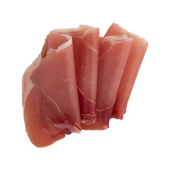 half of pumpkin isolatedjamon, prosciutto isolated, dry cured meat or ham slices folded laid out to create layout, top view