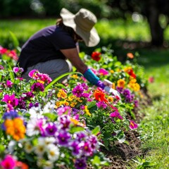 Fototapeta na wymiar a person gardening, wearing a sun hat and gloves, surrounded by blooming spring flowers 