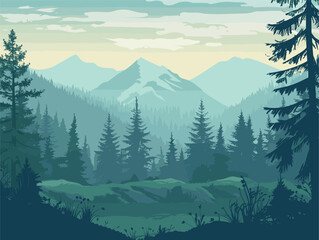Fototapeta premium a painting of a forest with mountains in the background