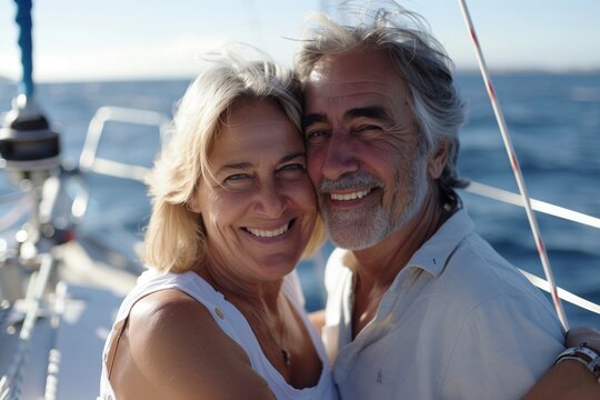 A man and a woman are smiling and posing for a picture on a sailboat in the ocean. They look happy and relaxed, enjoying leisure travel on the water under the clear blue sky