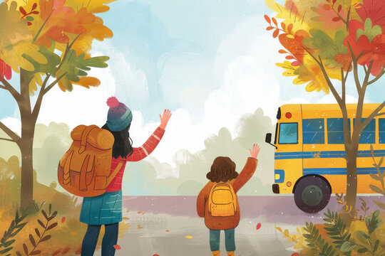 Create a heartwarming illustration of a parent and their child waving to school bus on the first day back to school