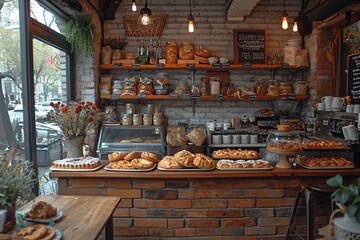 A cozy, rustic cafe with shelves of homemade pies, pastries, and aromatic coffee