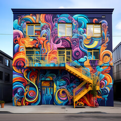 A vibrant street art mural on an urban building. 