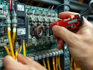Electrical engineer checking the operation of an electrical circuit board