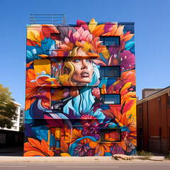 A vibrant street art mural on an urban building. 