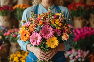 A florist arranging a vibrant bouquet of flowers in a quaint flower shop