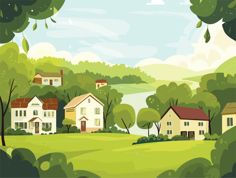Cartoon village scene with houses, trees, river, and green natural environment