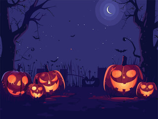 Jackolantern pumpkins illuminate the cemetery under the moonlit sky at night