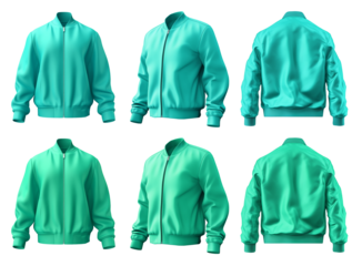 2 Set of turquoise blue green, unisex bomber jacket with full zip zipper collar, front back side view on transparent background cutout, PNG file. Mockup template for artwork graphic design.