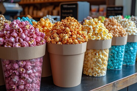 A gourmet popcorn shop, with an array of unique popcorn flavors and colorful packaging