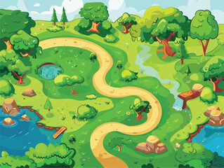 a cartoon illustration of a forest with trees , a river and a path