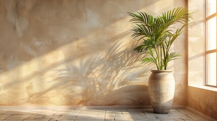 Warm neutral wabi sabi style interior mockup with plant in vase, Japanese minimalistic style

