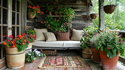 Fototapeta na wymiar A rustic porch with a wooden couch stained a deep brown, a braided jute rug, and terracotta pots overflowing with flowering plants. The feel would be warm and natural.