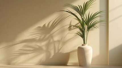 Warm neutral wabi sabi style interior mockup with plant in vase, Japanese minimalistic style
