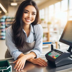 Smiling young woman working as cashier at checkout counter of a grocery shop. Operating a cash register in a well-organized store. Managing customer. Generative AI - obrazy, fototapety, plakaty