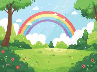 Rainbow seen in natural environment with trees, flowers, and greenery in park