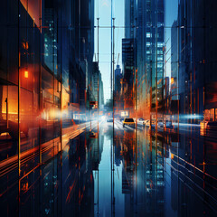 Abstract city lights reflected in a glass facade.