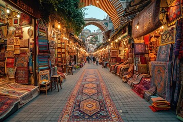 A lively bazaar in Istanbul, where visitors browse intricate rugs, jewelry, and aromatic spices