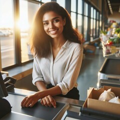 Smiling young woman working as cashier at checkout counter of a grocery shop. Operating a cash register in a well-organized store. Managing customer. Generative AI - obrazy, fototapety, plakaty