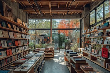 A modern art museum gift shop, filled with art books, prints, and quirky design objects