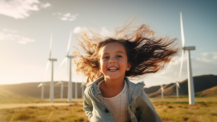 Blur motion photo of cute girl smiling happily against background of wind turbine generating electricity.
Living on a green planet with sustainable renewable energy concepts.