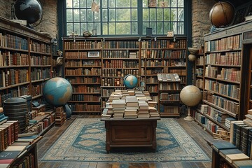 A quaint bookshop in a historic European town, its shelves stacked with leather-bound volumes and antique globes - obrazy, fototapety, plakaty