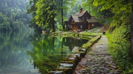 A stone path leading to a wooden house by a lake. This image would be a beautiful and serene scene. The house could be reflected in the water, and there could be a small boat docked nearby. - Powered by Adobe