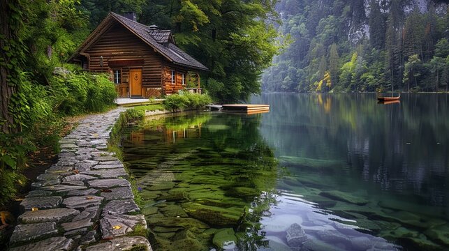 A stone path leading to a wooden house by a lake. This image would be a beautiful and serene scene. The house could be reflected in the water, and there could be a small boat docked nearby.