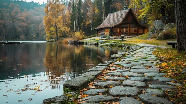 A stone path leading to a wooden house by a lake. This image would be a beautiful and serene scene. The house could be reflected in the water, and there could be a small boat docked nearby.