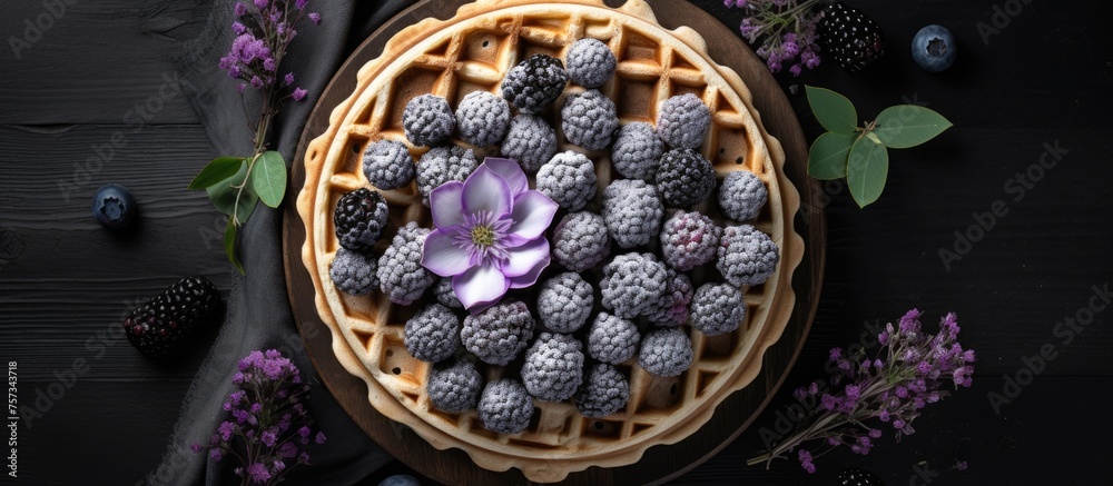 Wall mural a basket of natural foods, including a pie filled with blueberries and a flower, displayed on a tabl