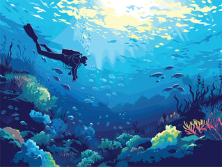 Underwater diver exploring azure waters near a vibrant coral reef - obrazy, fototapety, plakaty
