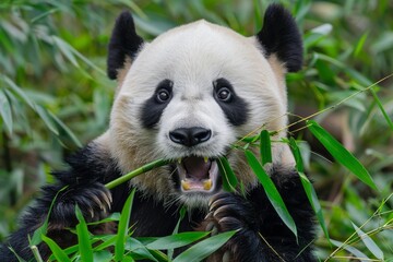 Panda Bear Eating Bamboo, Bifengxia Panda Reserve in Ya'an Sichuan Province, China. Panda looking...