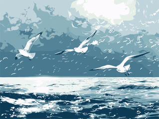 Fototapeta premium Seabirds soar above the fluid ocean, wings outstretched in the wind waves