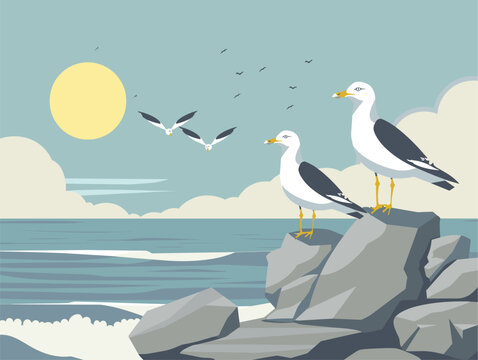 Birds perched on rock by ocean, under sky, feeling wind and water nearby