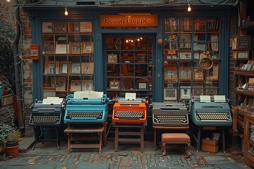 A quirky antique shop specializing in vintage typewriters, cameras, and old-fashioned telephones